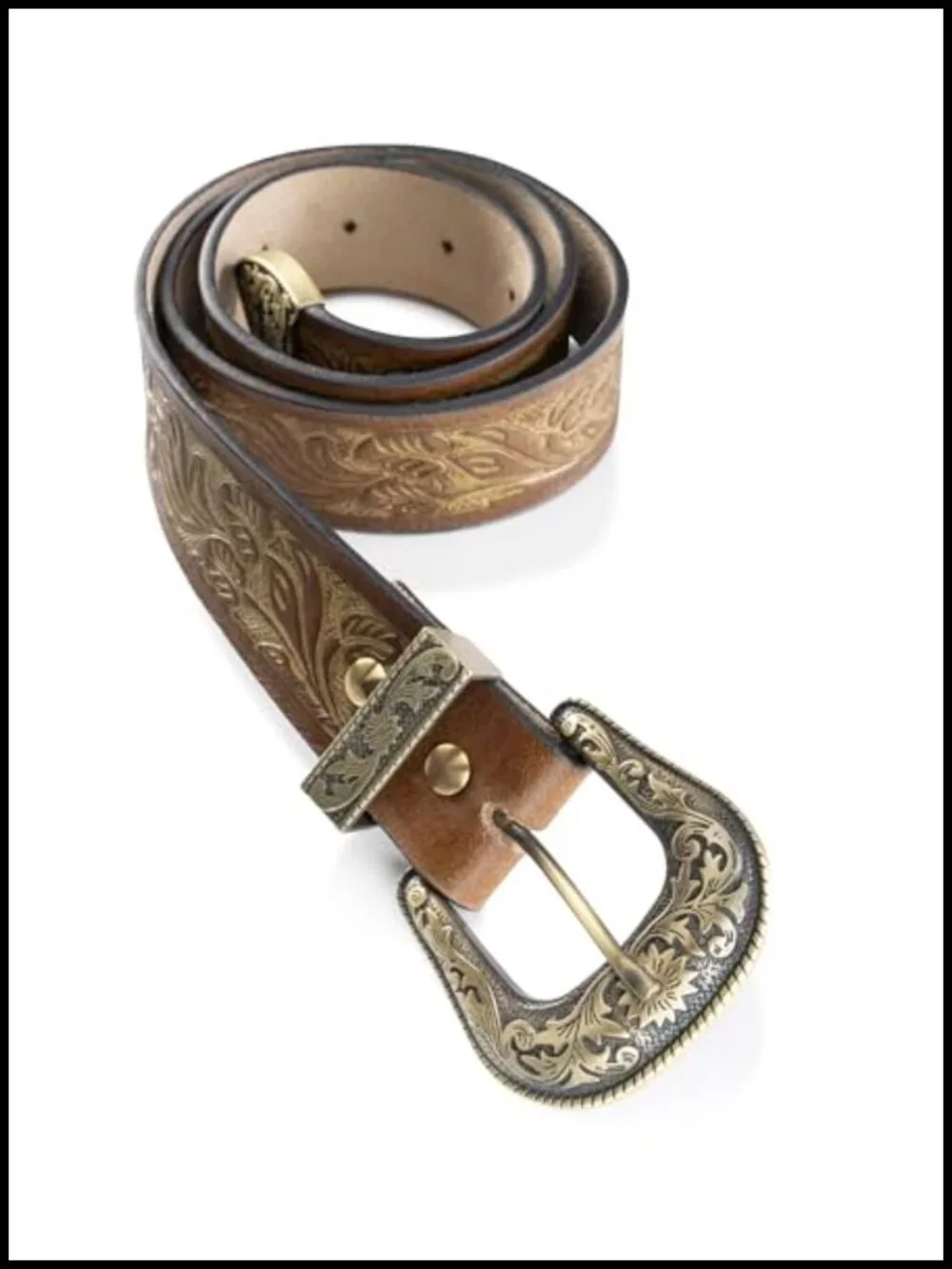 Genuine Buffalo Leather Western Belt Hand-Carved Metal Buckle Cowboy Rodeo